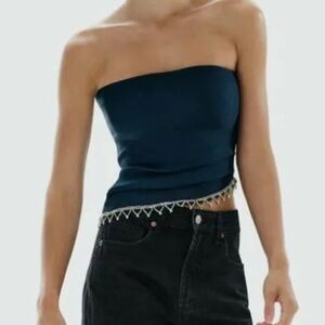 Zara Strapless Dark Blue Crop Top with Beaded Hem